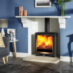 Stovax Vogue Medium Slimline Multi Fuel Burning Wood Blue Walls White Fireplace Beam