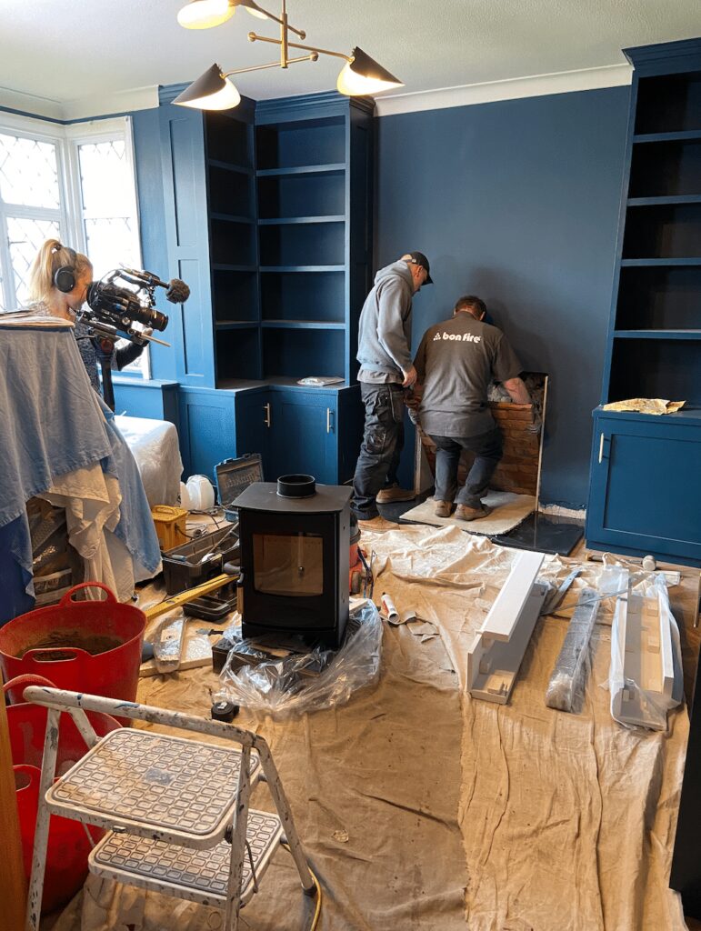 Wood burning stove installation for TV.