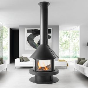 rocal gala wood burning stove in living room burning