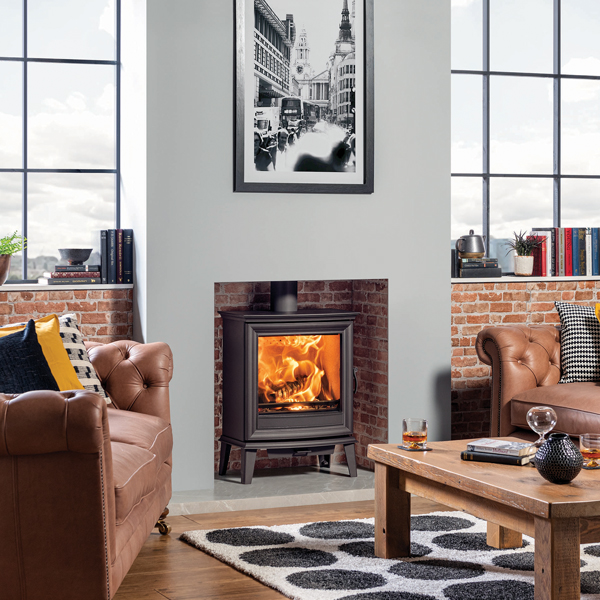 Stovax Chesterfield 5 Wide Stove Rustic Brick Inglenook Leather Sofas