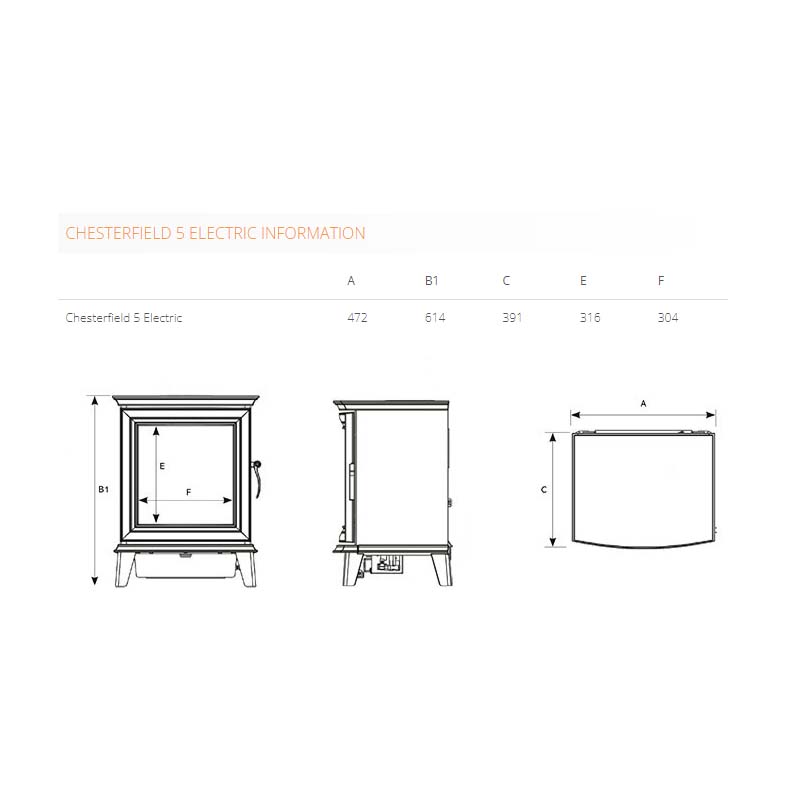 chesterfield 5 electric stove dimensions sizes