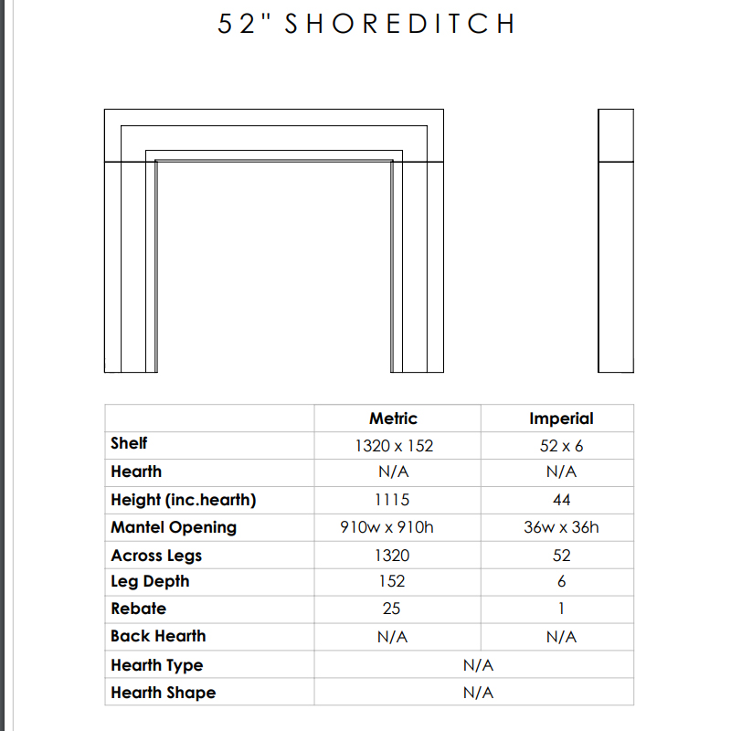 52 shoreditch sizes dimensions