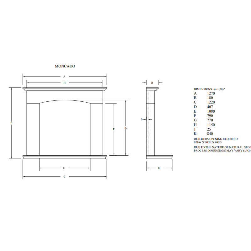 moncado fireplace dimensions