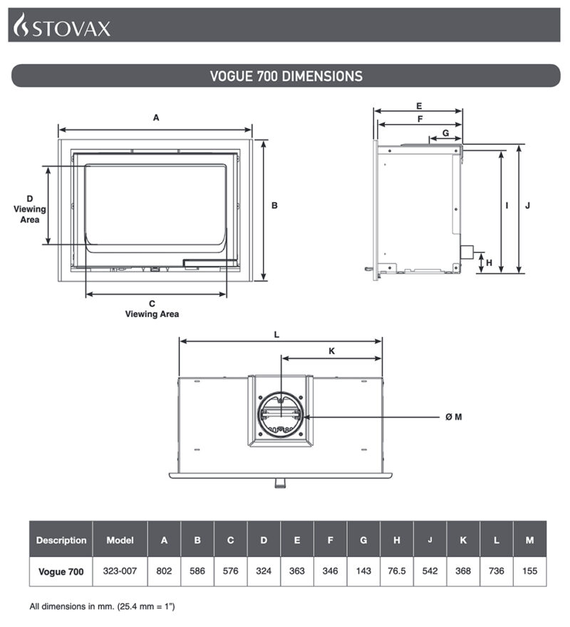 Stovax Vogue 700 Inset Woodburning Fire Sizes