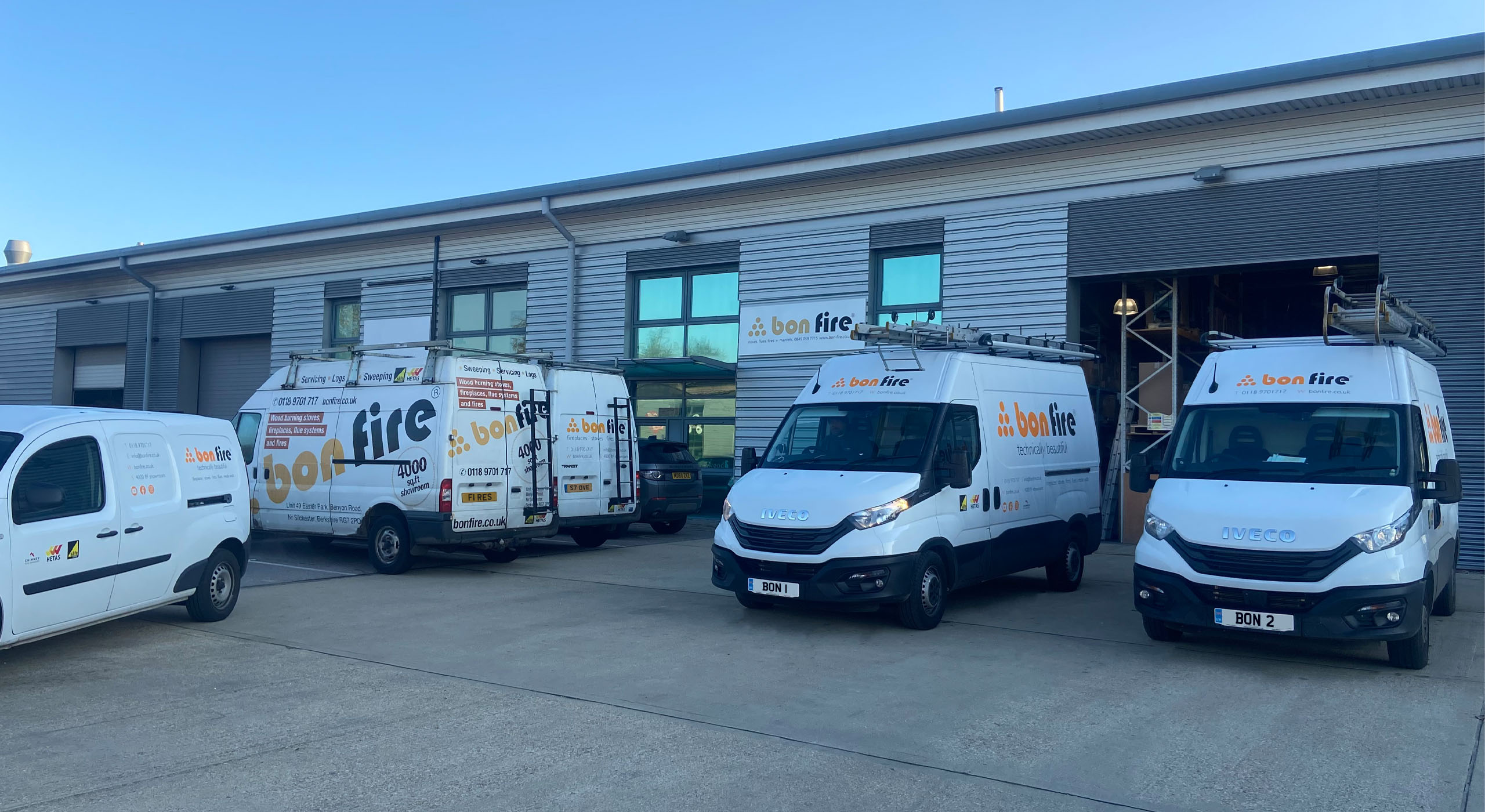 A view of our installation vans outside of the Bonfire showroom in Silchester, Reading, Berkshire