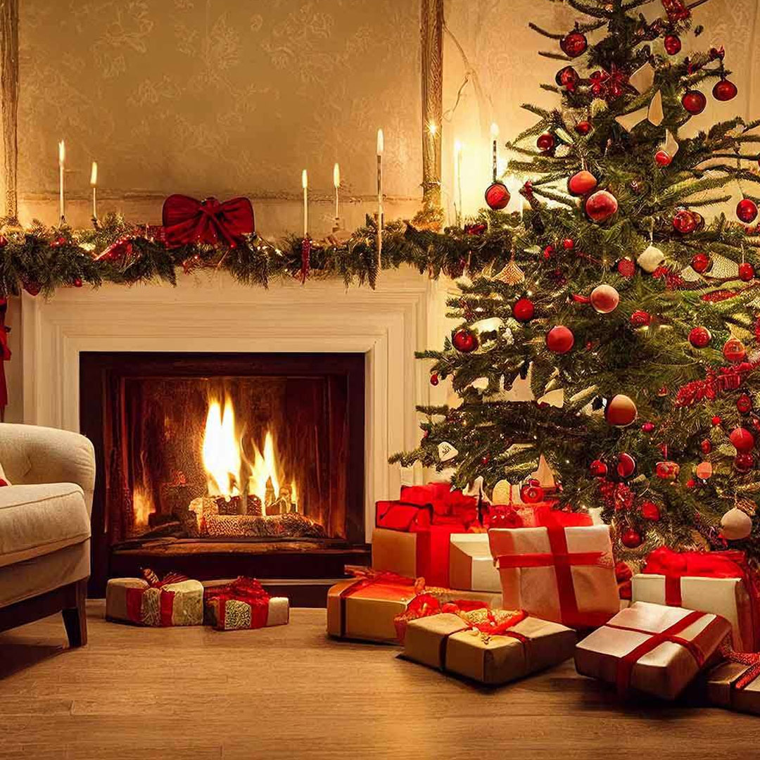 fireplace and christmas trees