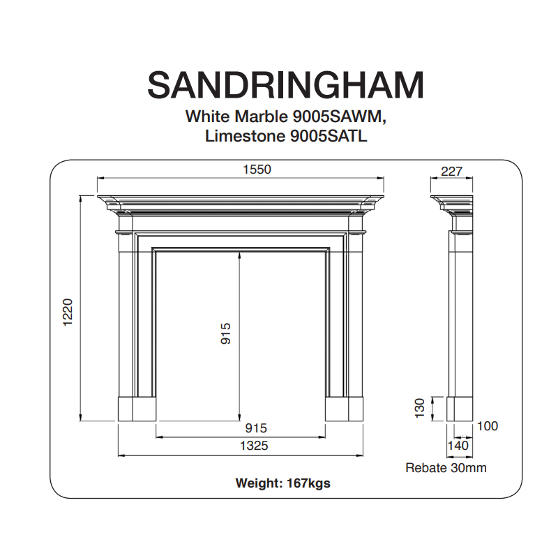 sandringham fireplace dimensions