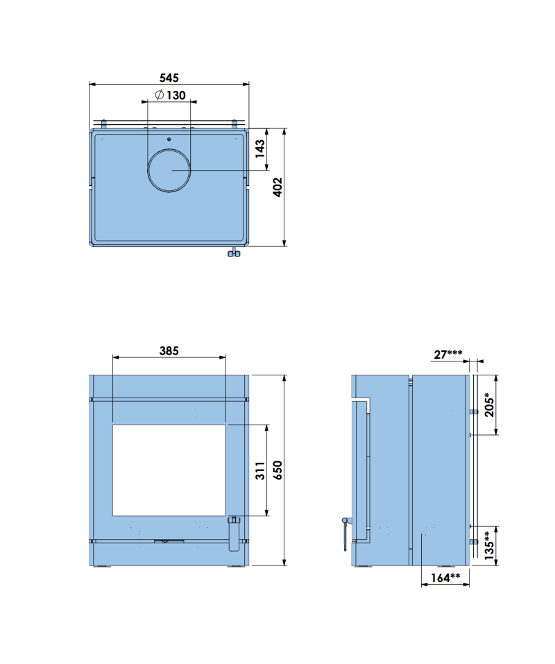 Barbas BOX 35 52-65 Wood Burning Stove Dimensions