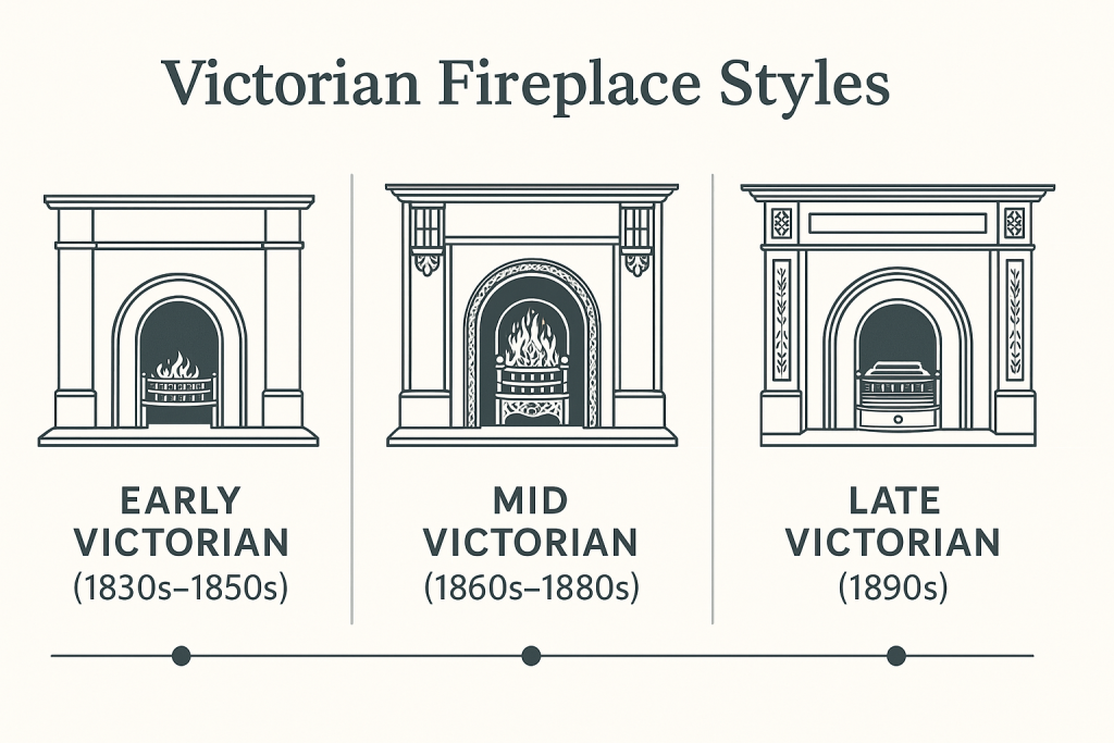 Timeline graphic showing Early, Mid, and Late Victorian fireplace examples.