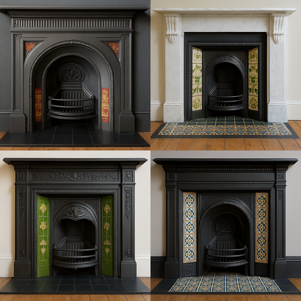 A collage of cast iron, marble, and tiled Victorian fireplaces.