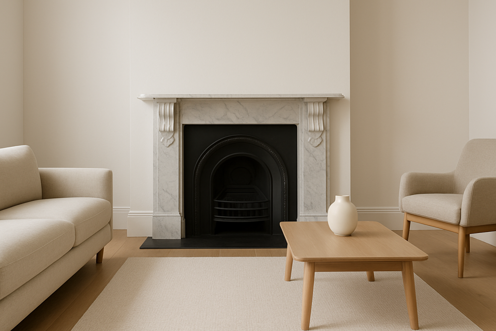 A minimalist living room with a victorian marble fireplace.