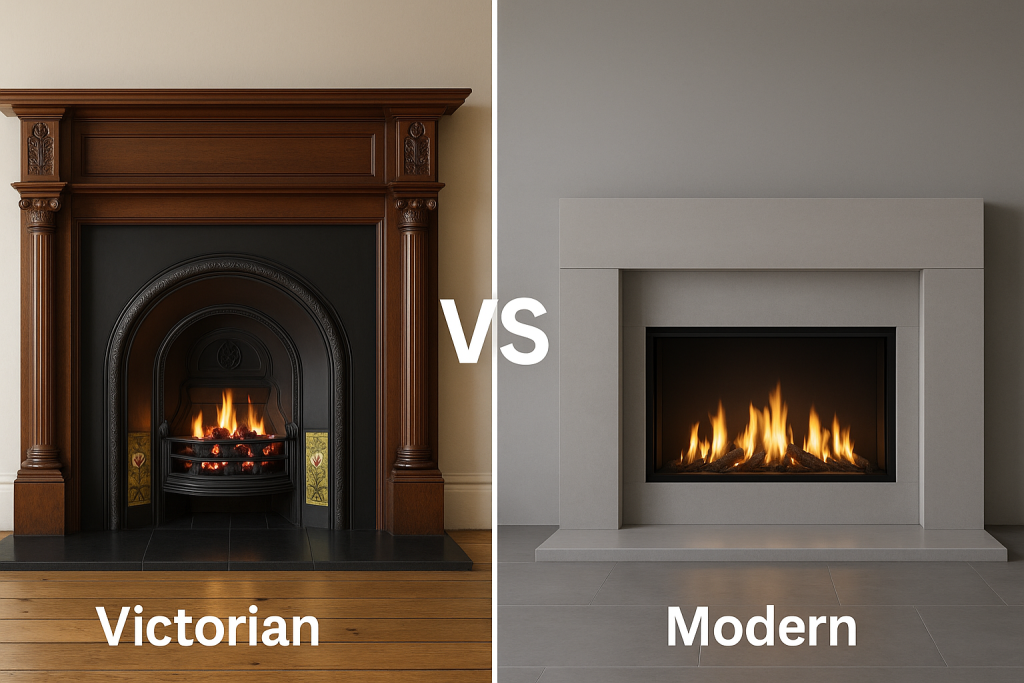 Showing the comparison between victorian and modern fireplaces.