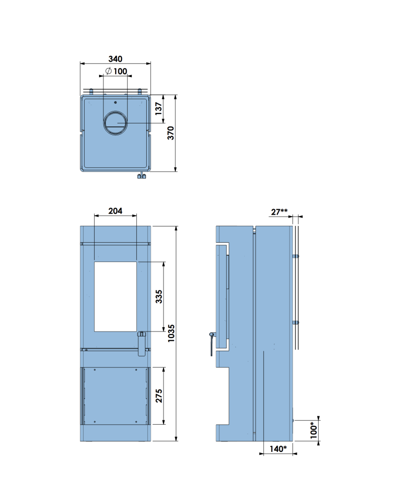 Barbas BOX 35 35-105 Wood Burning Stove Dimensions