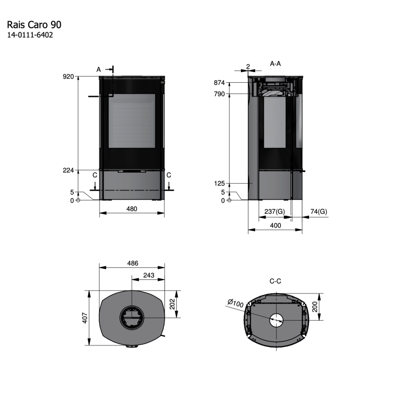 Rais Caro 90 Wood Burning Stove Dimensions