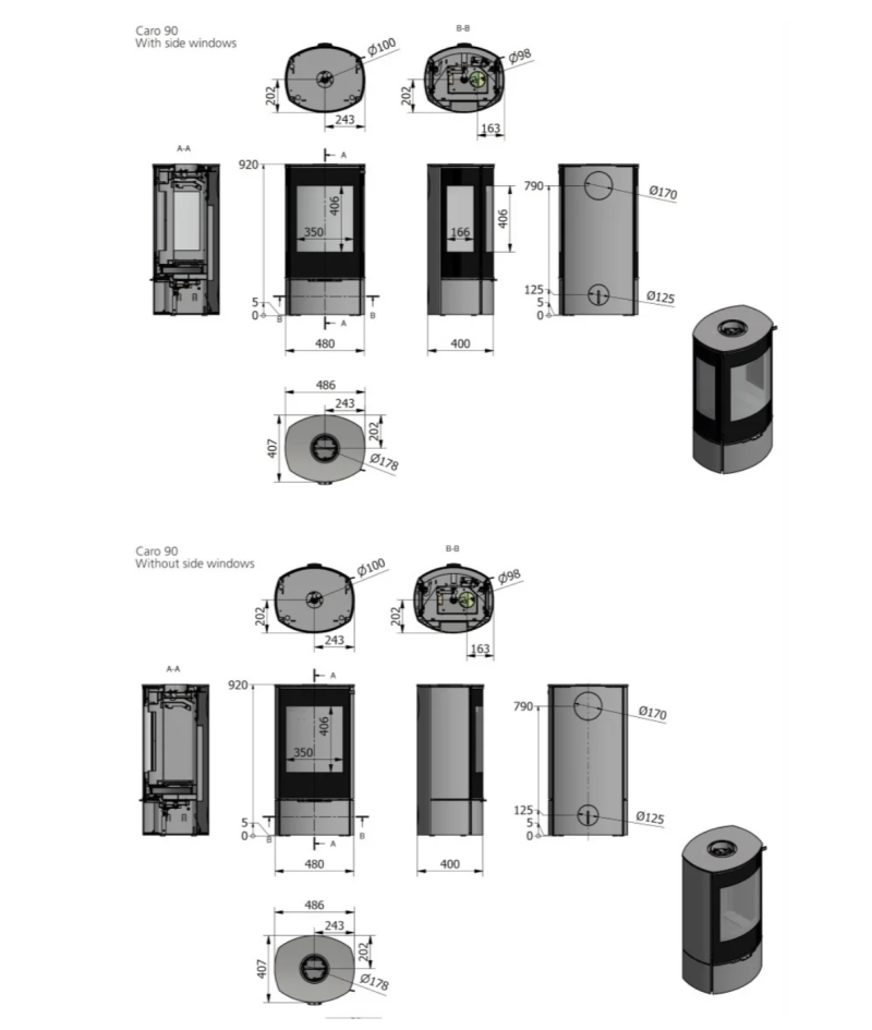 Rais Caro 90 Wood Burning Stove Full Dimensions
