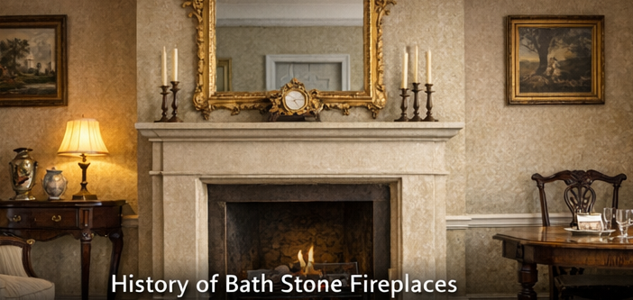 Traditional Bath stone fireplace in a historic Georgian-style living room with ornate mantel, mirror, and classical furnishings.