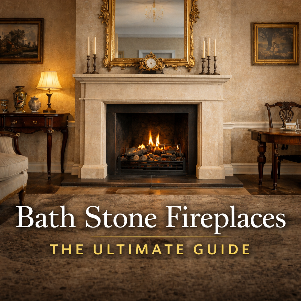 Elegant Bath stone fireplace in a living room with warm honey tones, carved mantel, burning fire, gilded mirror, and cosy furnishings. Blog title overlaid