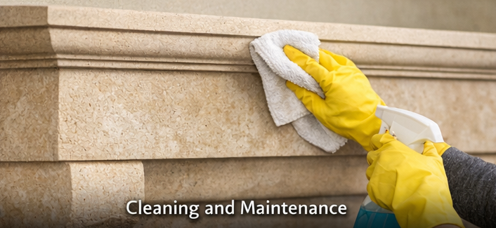 Person cleaning and sealing a Bath stone fireplace with a cloth and stone-safe cleaner, wearing yellow gloves for protection.