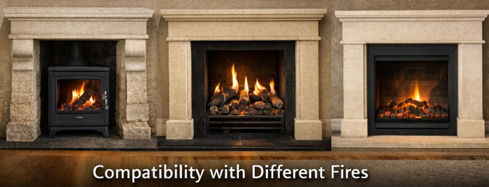 Bath stone fireplace with wood-burning stove, gas fire, and electric fire inserts, showing versatility with multiple fire types.