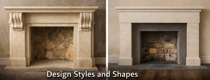 Three Bath stone fireplaces showing different traditional designs and carved profiles, highlighting mantel shapes and detailing.