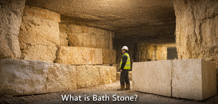 Quarry worker standing next to large blocks of natural Bath stone inside a stone quarry, showing raw limestone used for fireplaces.