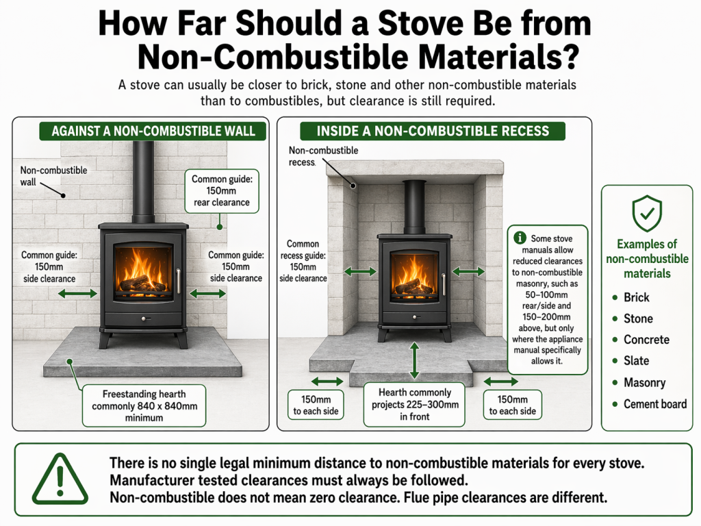Wood burning stove distance to non-combustible materials with typical wall, recess and hearth clearances.