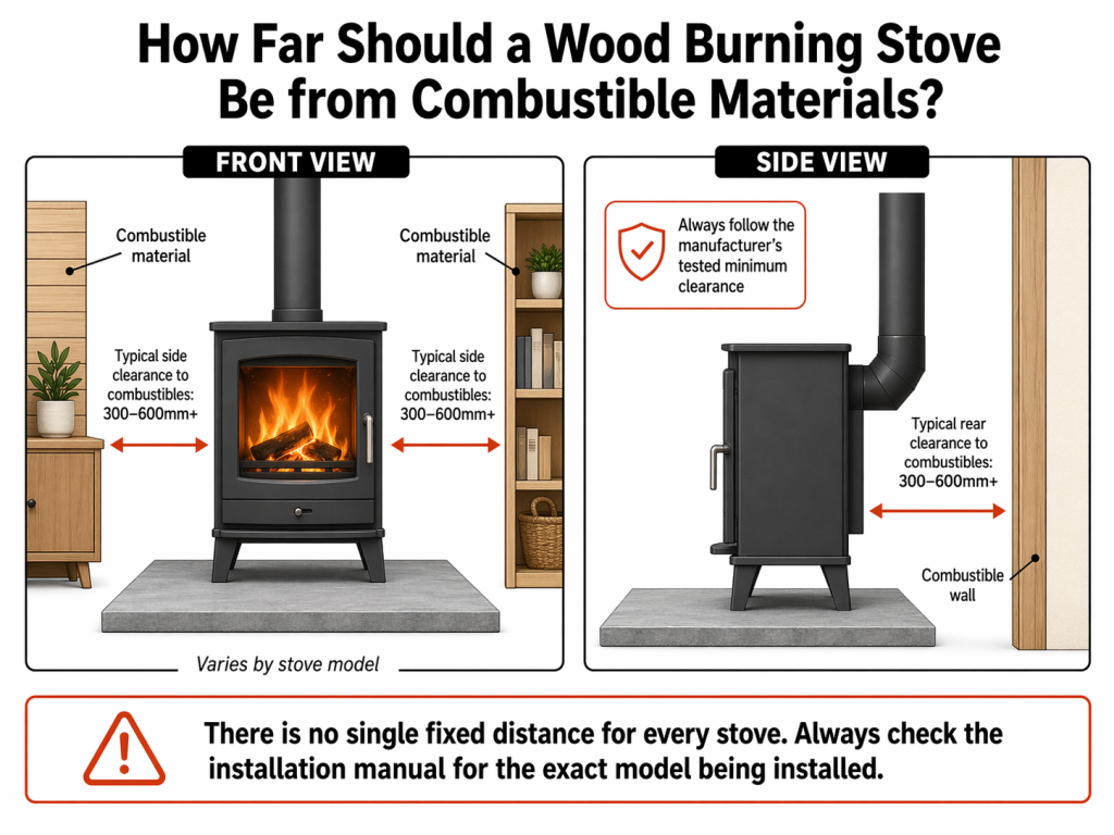 Wood burning stove distance to combustible materials infographic showing safe clearances around the stove and guidance to check the stove manufacturer’s installation manual.