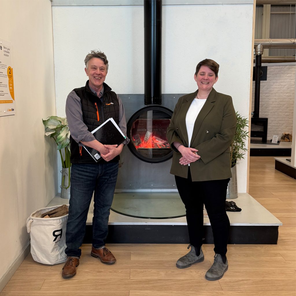 Olivia Bailey MP visiting Bonfire Fireplaces and Stoves showroom in Reading Berkshire discussing wood burning stoves and EIP25