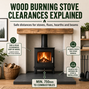Wood burning stove clearances explained infographic with 750mm front distance to combustibles and guidance to check stove manual for side, rear and hearth requirements.