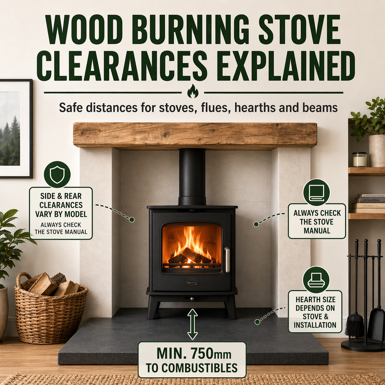 Wood burning stove clearances explained infographic with 750mm front distance to combustibles and guidance to check stove manual for side, rear and hearth requirements.
