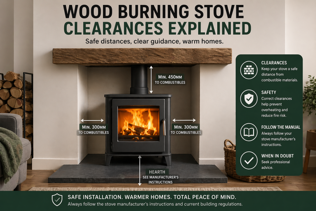 Wood burning stove clearances explained infographic with stove distance to combustibles, flue clearances and hearth requirements.