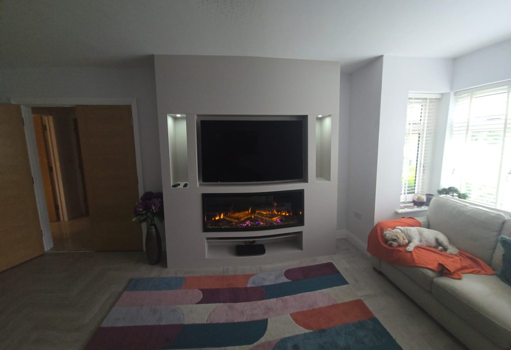 British Fires New Forest 1200 electric fire installed within a bespoke media wall in Earley, Reading, Berkshire