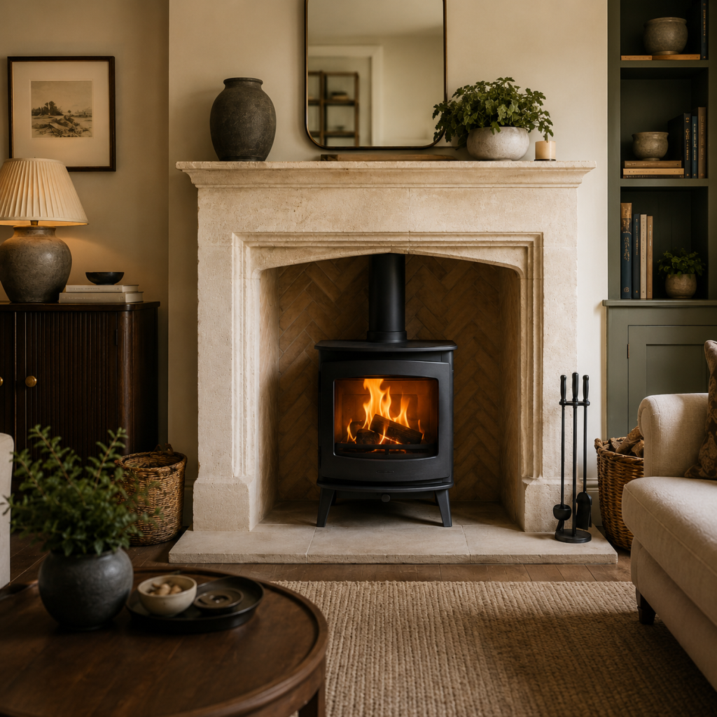 Cotswolds fireplace with Charnwood Island wood burning stove